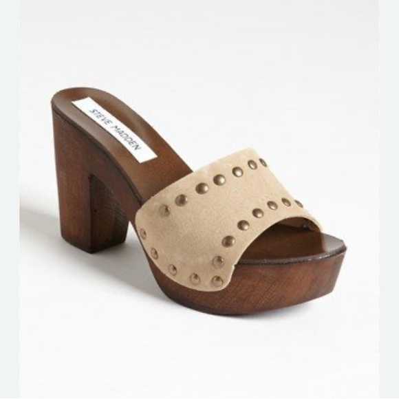 Vintage Steve Madden Wooden Platform Suede Stud Trim Slide Sandal - Picture 1 of 15